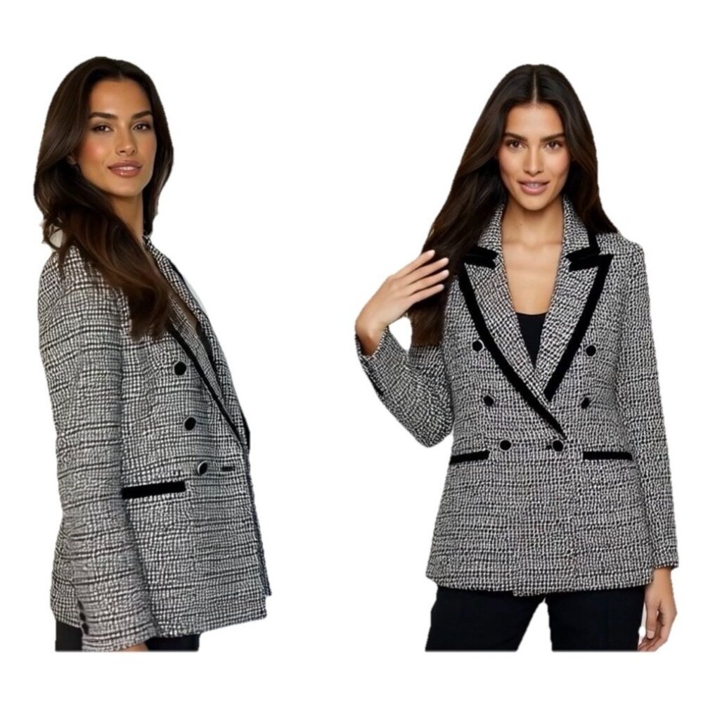 New Zara Ecru Black Textured Contrast Piping Double Breasted Blazer Jacket